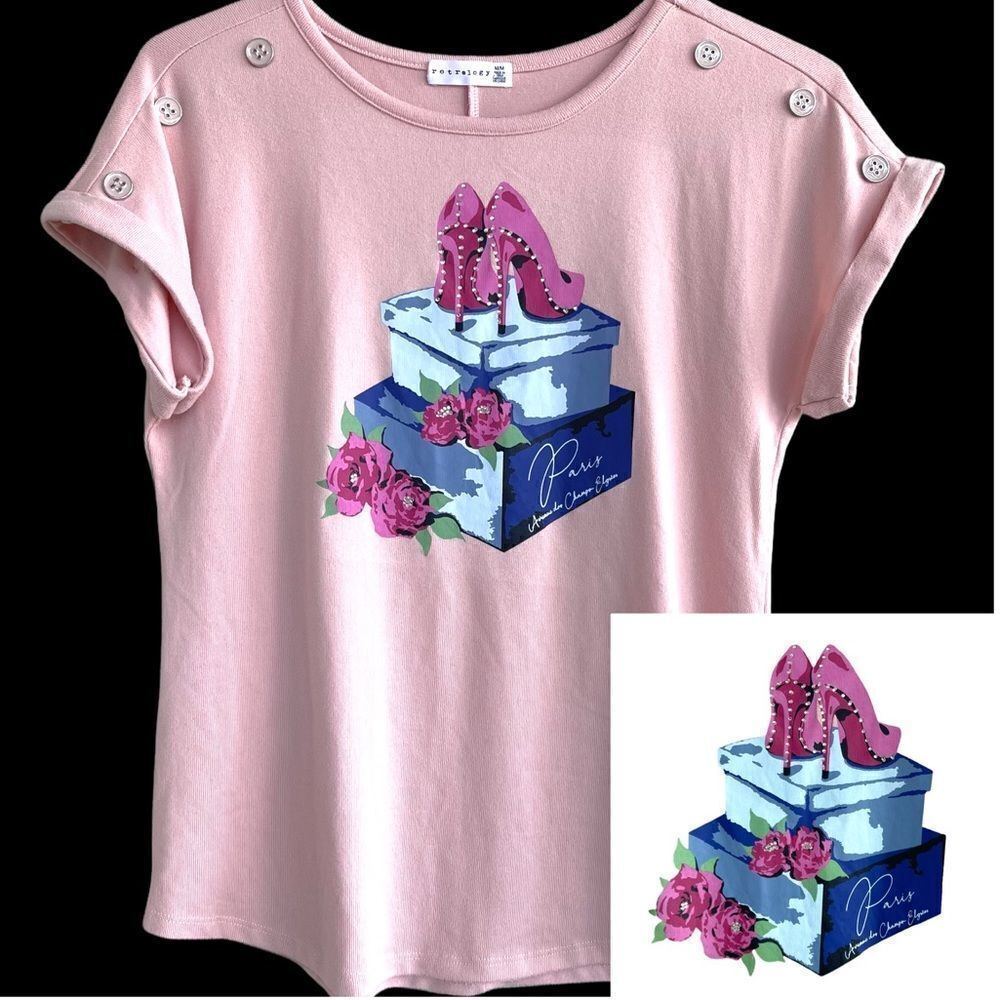 Retrology Women’s Graphic Paris T-Shirt Size Med Roses‎ Rhinestones Chic Fashion